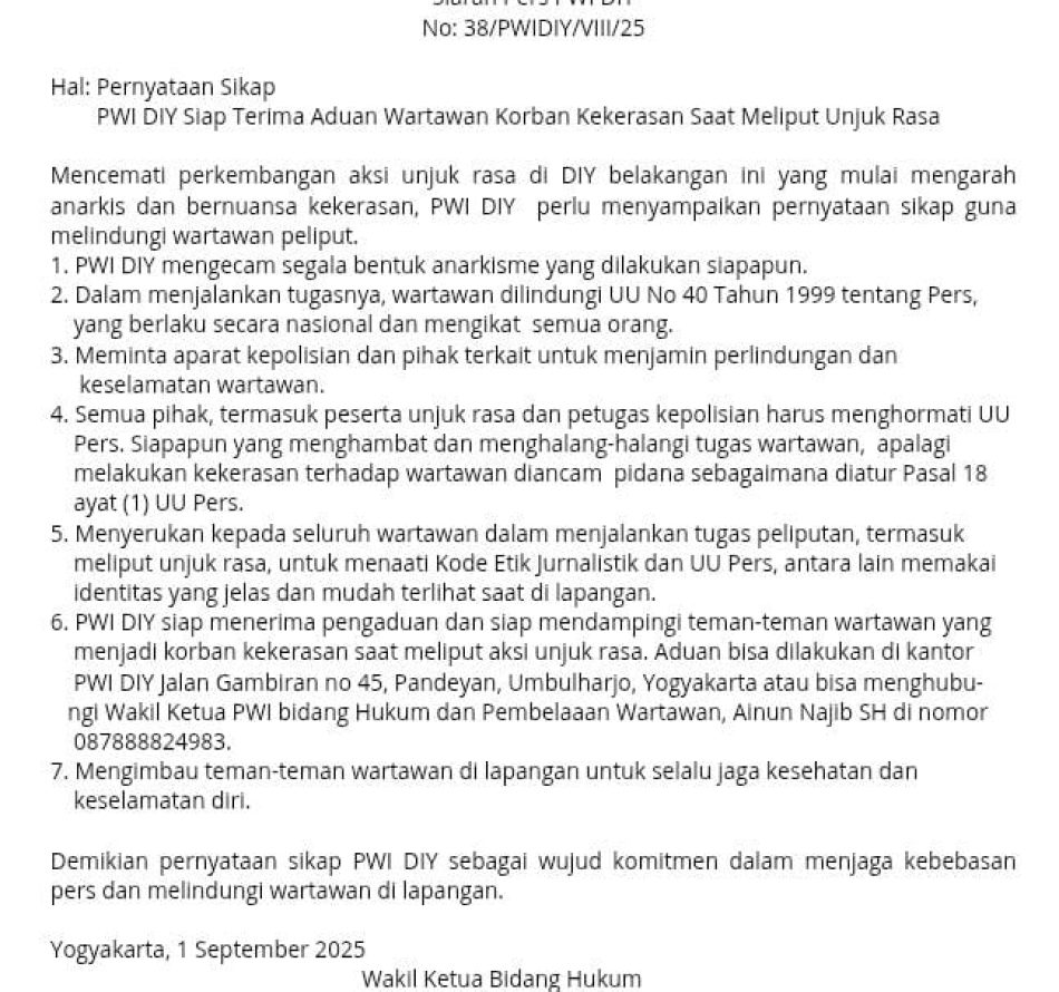 PWI DIY Terima Aduan Wartawan Korban Kekerasan Saat Meliput Unjuk Rasa
